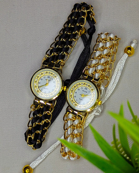 Elegant Women's Gold Chain & Satin Weave Wristwatch