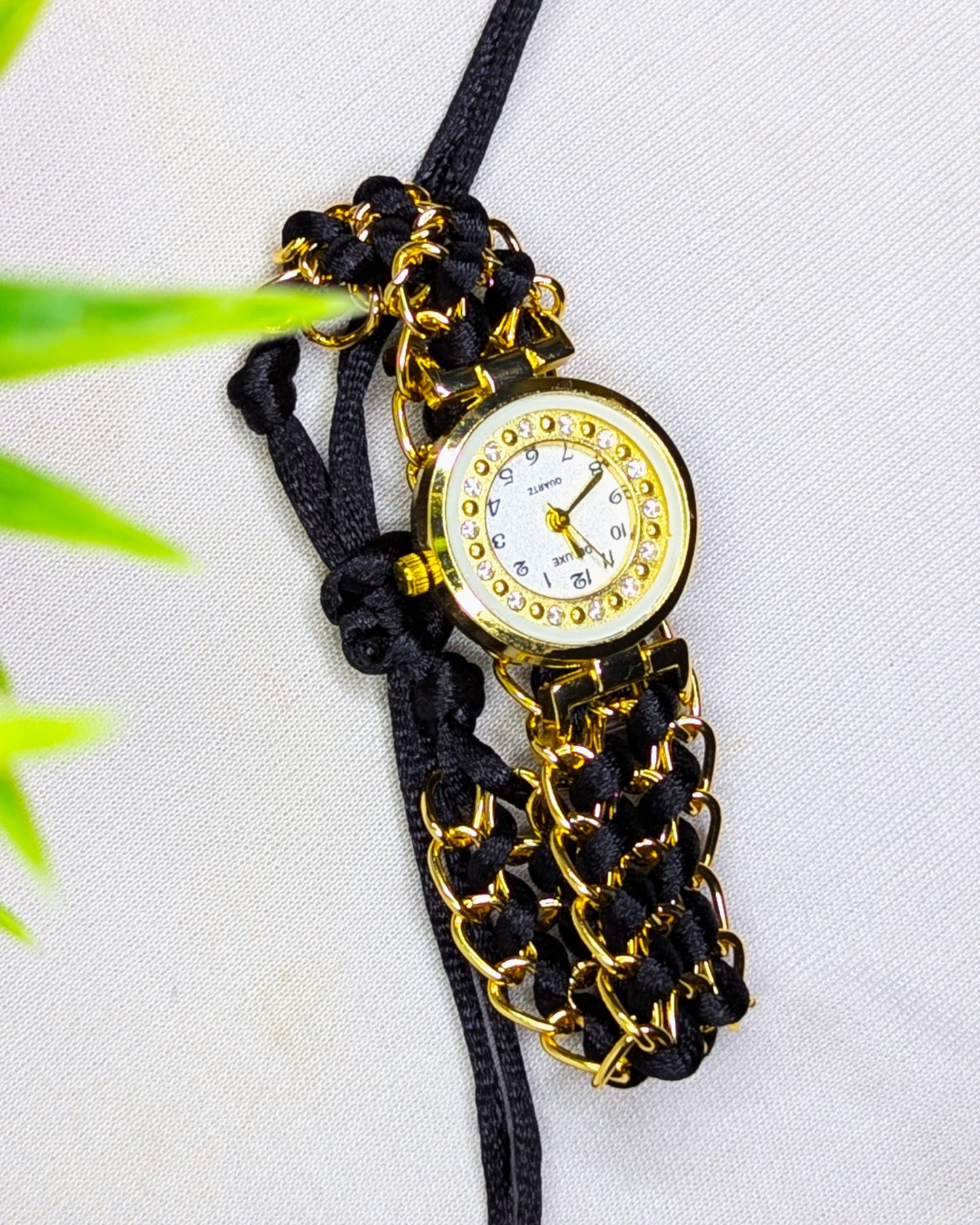 Elegant Women's Gold Chain & Satin Weave Wristwatch